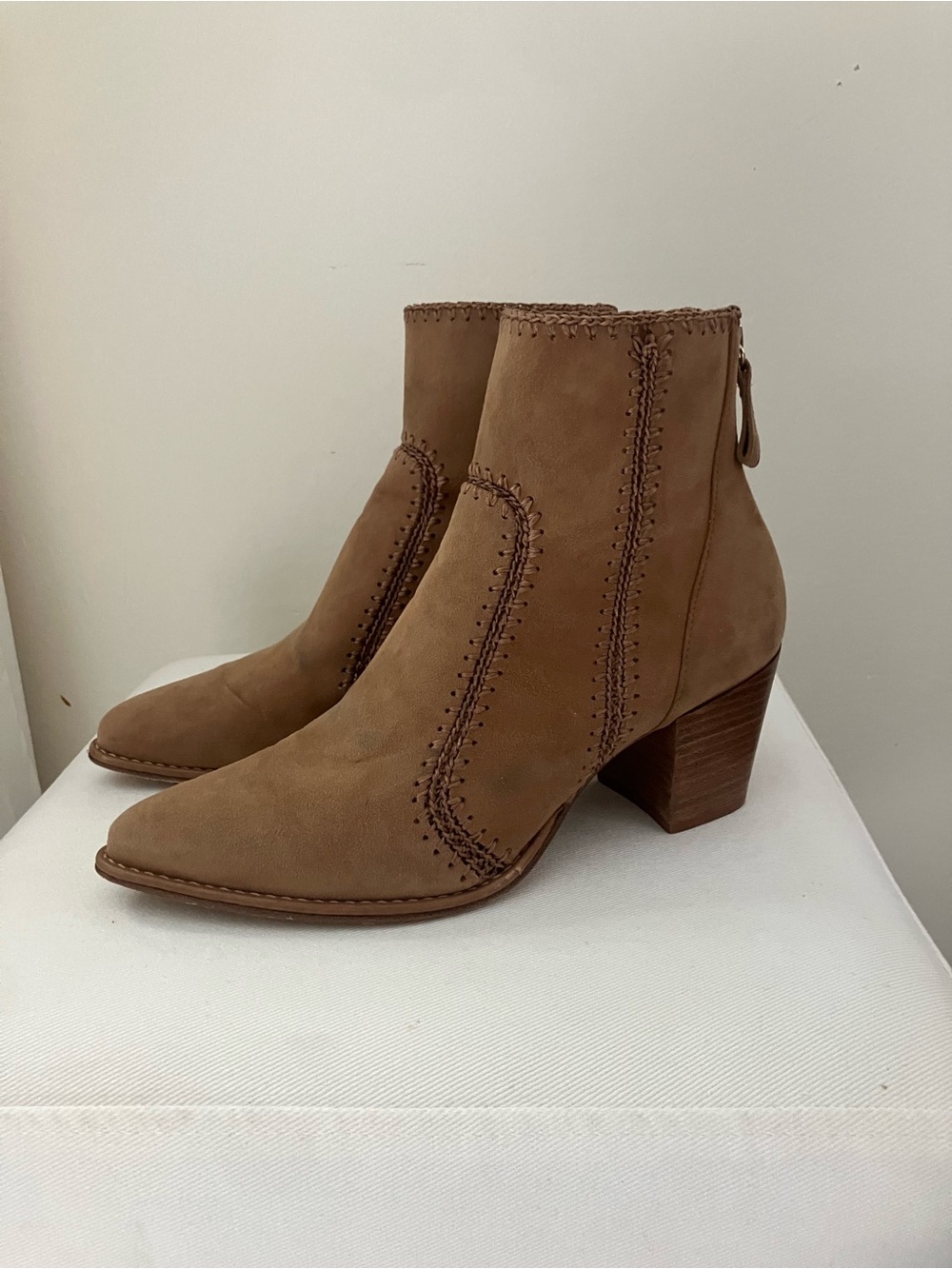 Alexandre Birman Tan Suede Ankle Booties with Block Heel